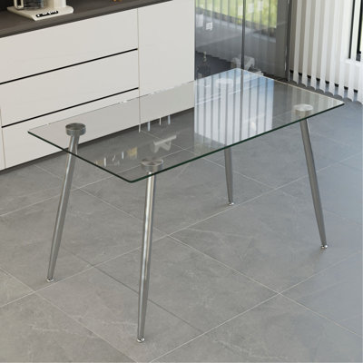 Table de salle à manger rectangulaire moderne en verre avec des pieds en métal robustes, idéale pour la cuisine, le bureau personnel et divers styles de décoration