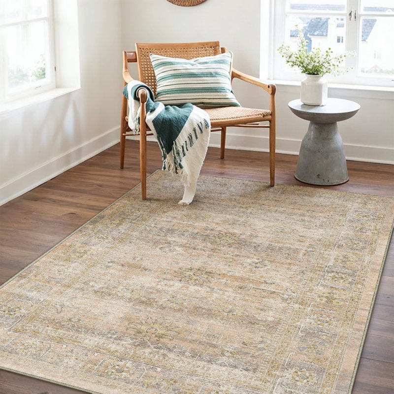 Tapis beige lavable avec envers antidérapant Ladonya, Rectangulaire 3 pi x 5 pi