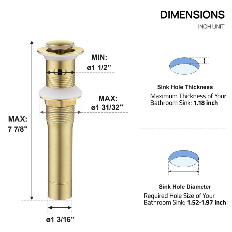 Metal Pop Up Drain Strainer Stopper with Overflow for Bathroom Vessel Sink with Detachable Basket, Brushed Gold