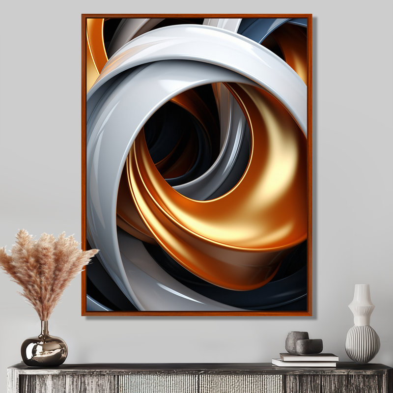 Liquide blanc et orange abstrait tourbillon minimal sur toile, 40" H x 30" W, Cadre flottant brun