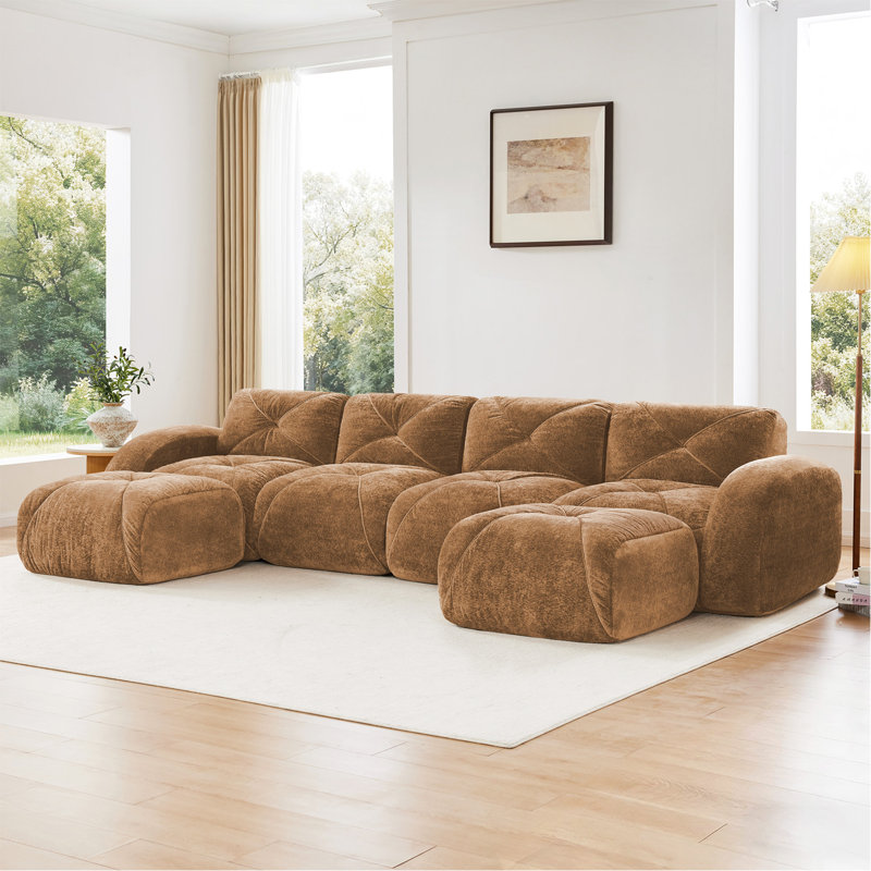 Canapé en forme de U sans os, conception capitonnée, fond en éponge haute densité 32D, conception antidérapante, aucun assemblage requis, combinaison libre, repose-pieds amovibles pour le salon, cinéma maison, chameau