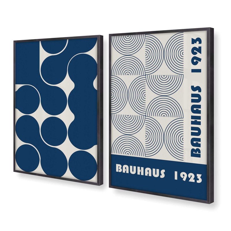 Ensemble de 2 imprimés géométriques bleus 1923, 19 po x 12 po Bauhaus 1923, 15.5" H x 23.5" W x 1.25" D, Cadre en zinc patiné
