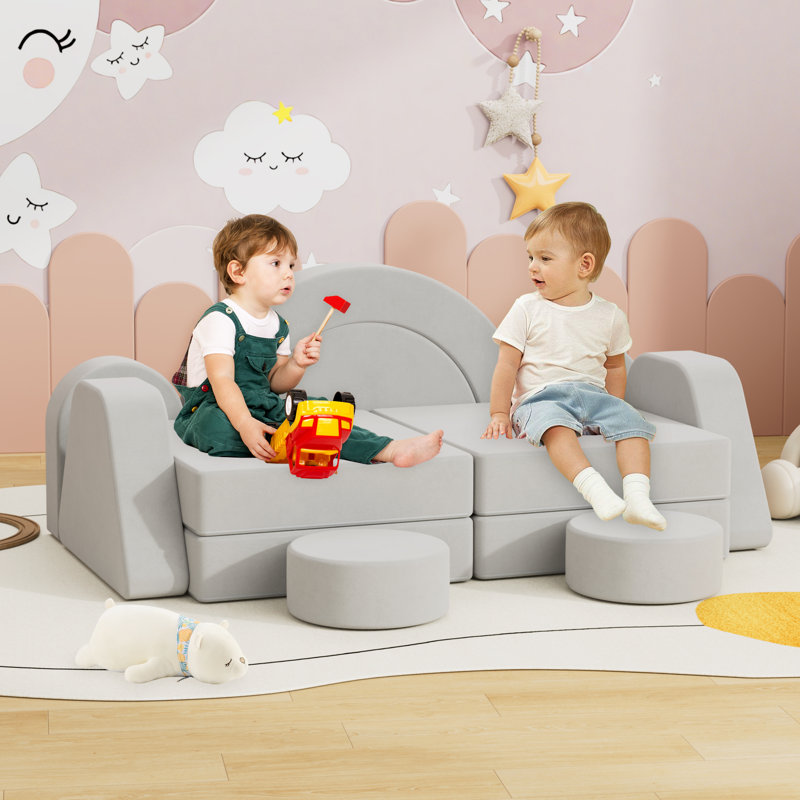 Velvet Modular Kids Play Couch, Kids Toddler Couch, Sectional Sofa, Grey