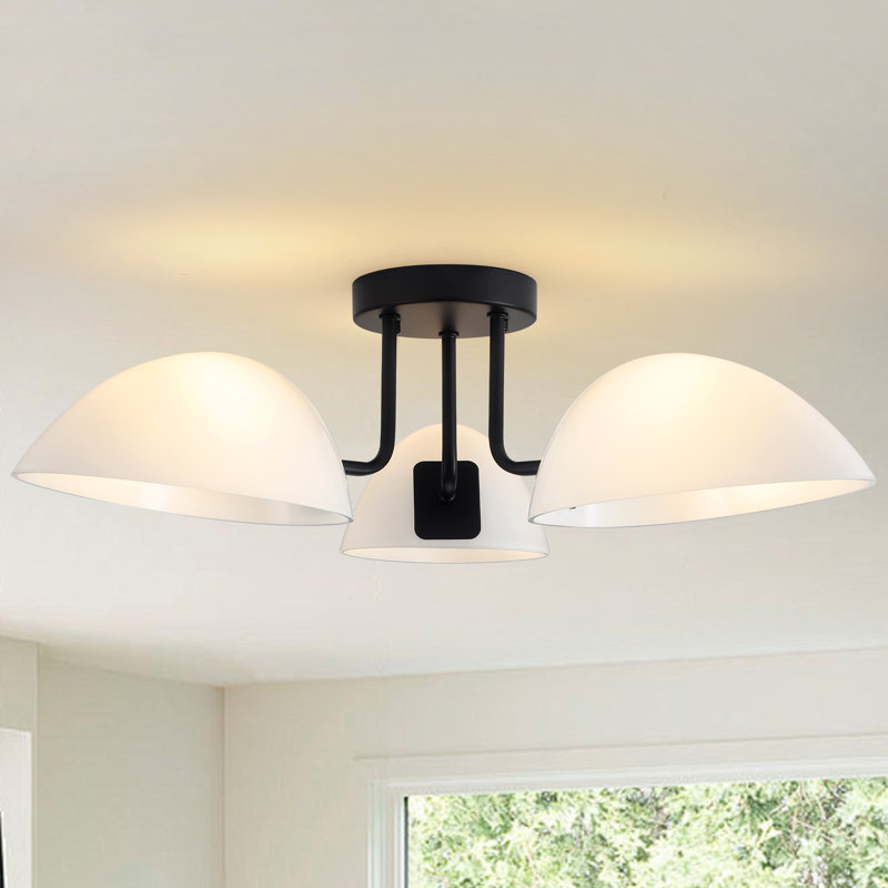 Plafonnier semi-encastré 3 lumières moderne en verre spoutnik noir mat 23,6 po, Noir, noir, noir, noir