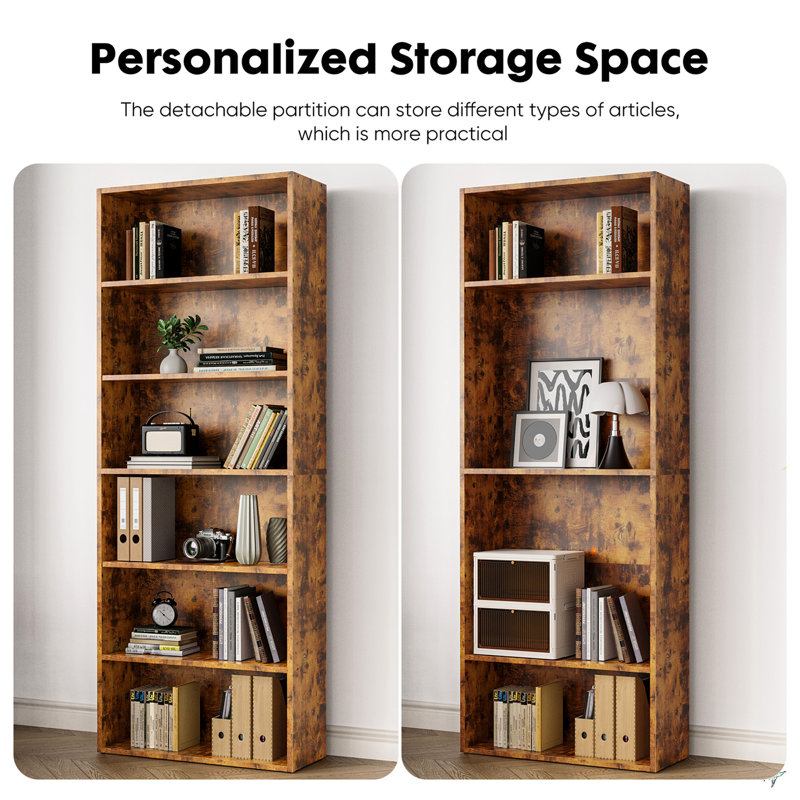 Bookcase - Large Tall Floor Standing Open Bookshelf, (6 Shelves) 23.8"H x 62.9"W x 9.2"D