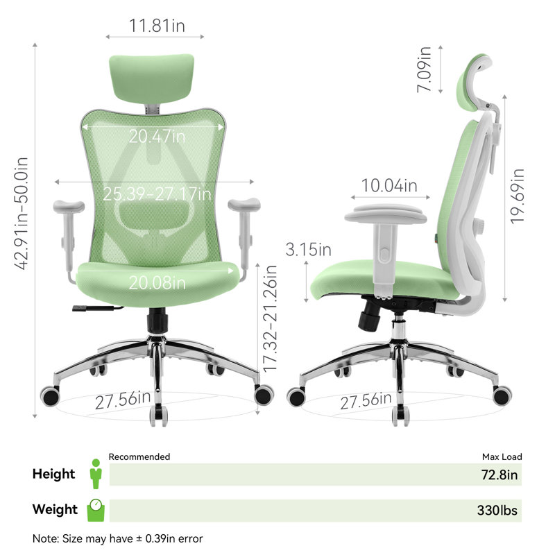 Ergonomic Office Chair, with Adjustable Headrest and Lumbar Support, High Back, Green