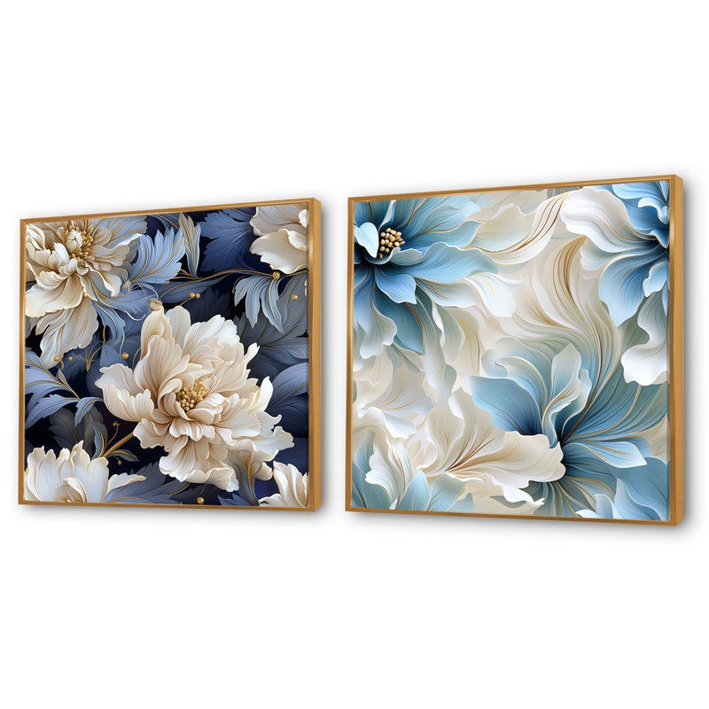 Maeva - Ensemble de 2 collages floraux carrés, Cadre flottant doré, H 36 po x l 73 po