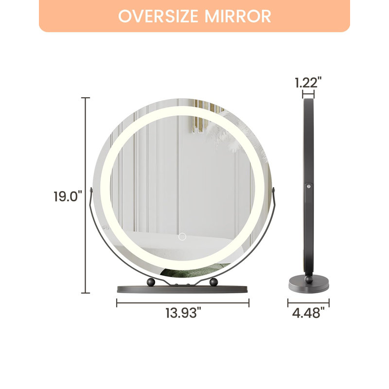 19 Inch Vanity Mirror With Lights, Round Large LED Vanity Mirror With Smart Touch 3 Colours Dimmable, Touch Lighting, Black