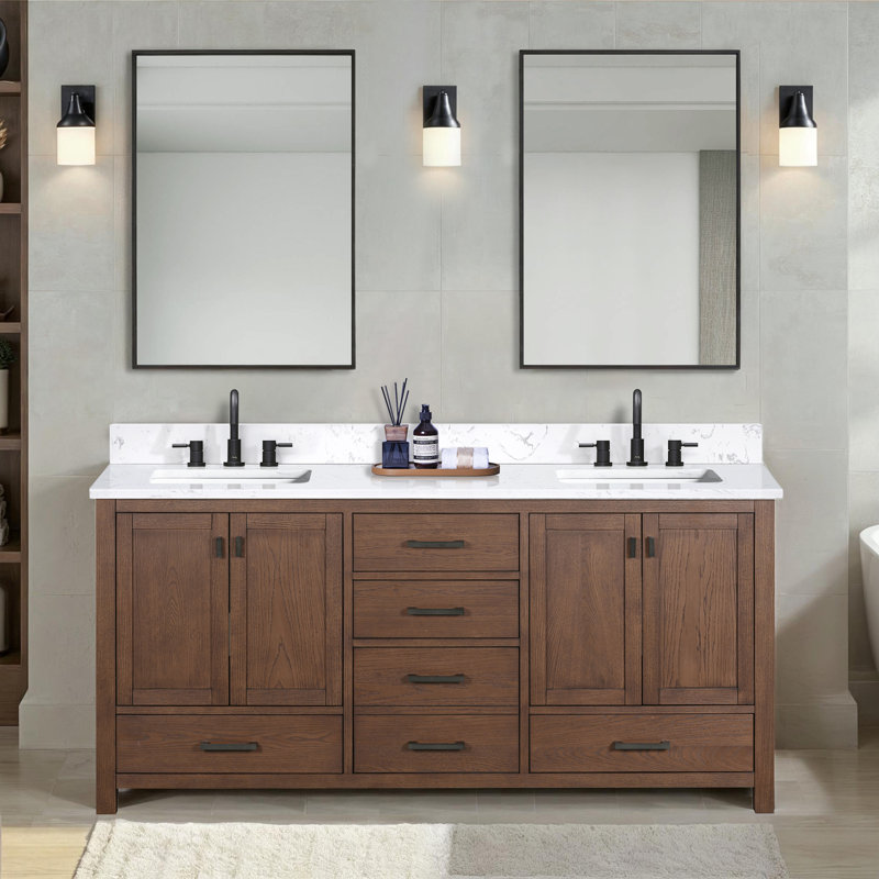 Meuble-lavabo double 72 po avec plateau Souther, Noir, Chêne moka