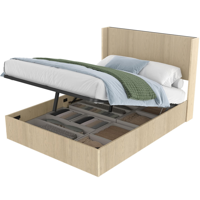 Cadre de lit grand et grand avec rangement et ondulé avec rainures. La base de lit plateforme en bois