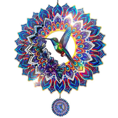 12" Hummingbird Wind Spinner, 3D Stainless Steel Hanging Kinetic Garden Décor for Indoor and Outdoor Use