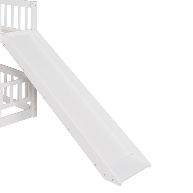 Lit superposé avec glissade, lit superposé double au-dessus de double avec clôture et échelle pour les tout-petits, Blanc