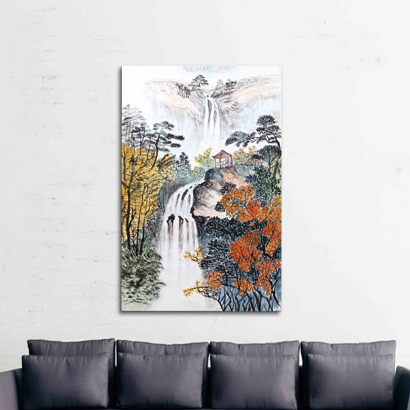 Illustration de paysage d'automne en cascade imprimée sur verre pour une décoration murale unique, H 47,2 po x l 70,9 po