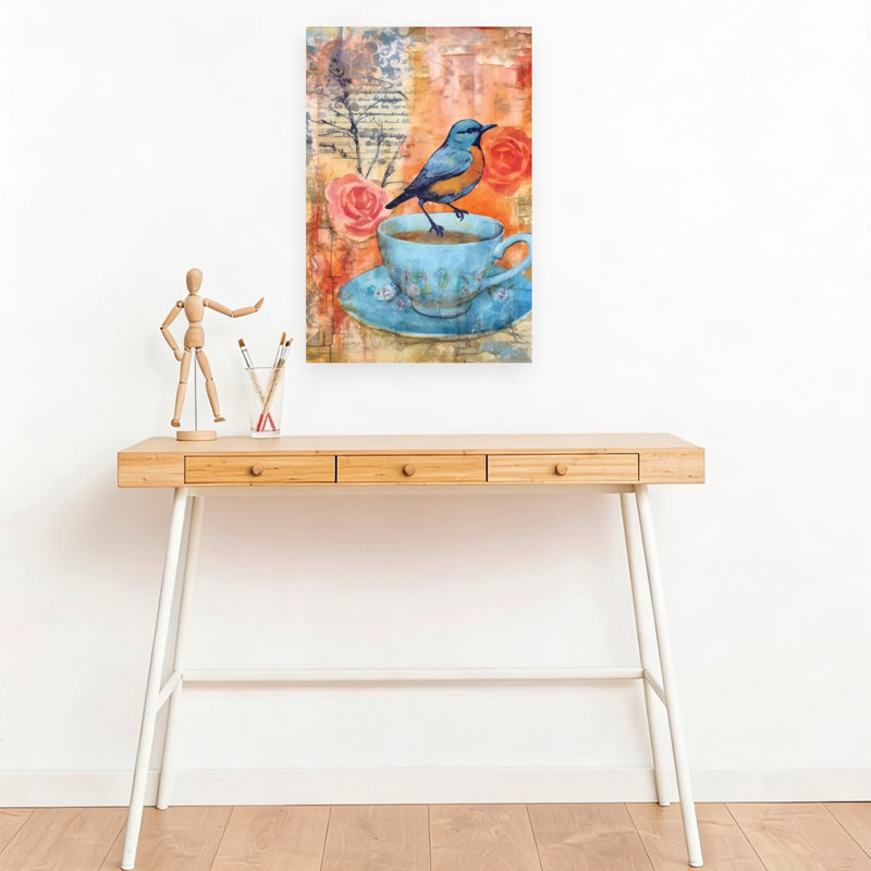 Pause-café avec oiseaux et fleurs - Affiche murale contemporaine, H 18 po x l 12 po