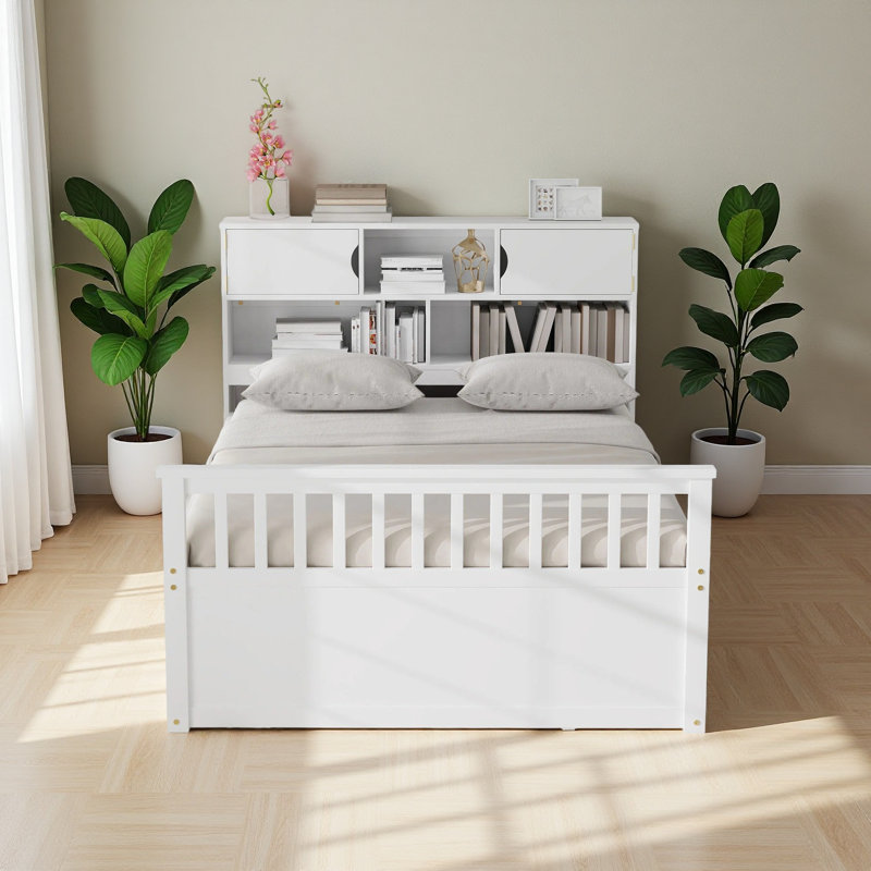 Structure de lit plateforme simple avec bibliothèques et tablettes de rangement, Twin, White