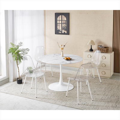 Ensemble de salle à manger 5 pièces avec table d'appoint en marbre et 4 chaises pour la cuisine ou la maison, table aux tons blancs, table de 47,64 pouces