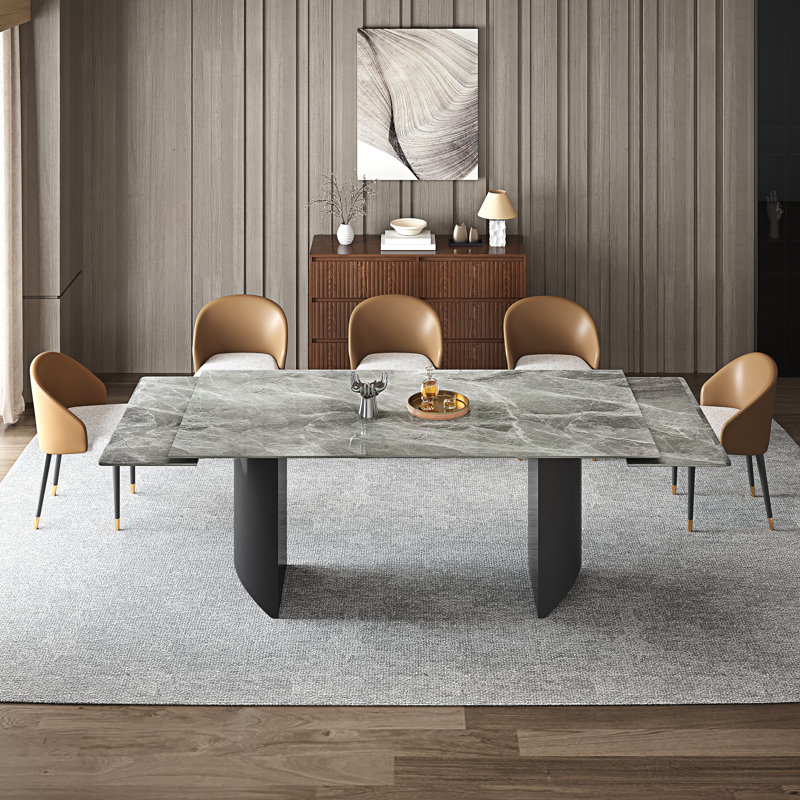 Ensemble de table de salle à manger 9 pièces avec table de salle à manger extensible en pierre frittée de 63 à 94,5 po avec 8 chaises rembourrées en cuir Fuax