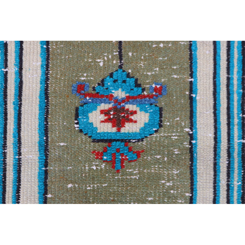 Handwoven Vintage Turkish Rug in Green and Blue Accent for Boho Chic Home Office or Small Area - Unique Gift Idea for Home Decor Enthusiasts