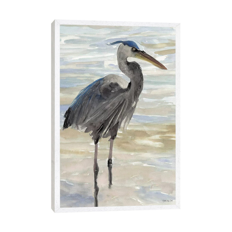 Heron In Water - Painting on Canvas, 101.6cm H x 66.04cm W x 3.81cm D, White Floater Framed