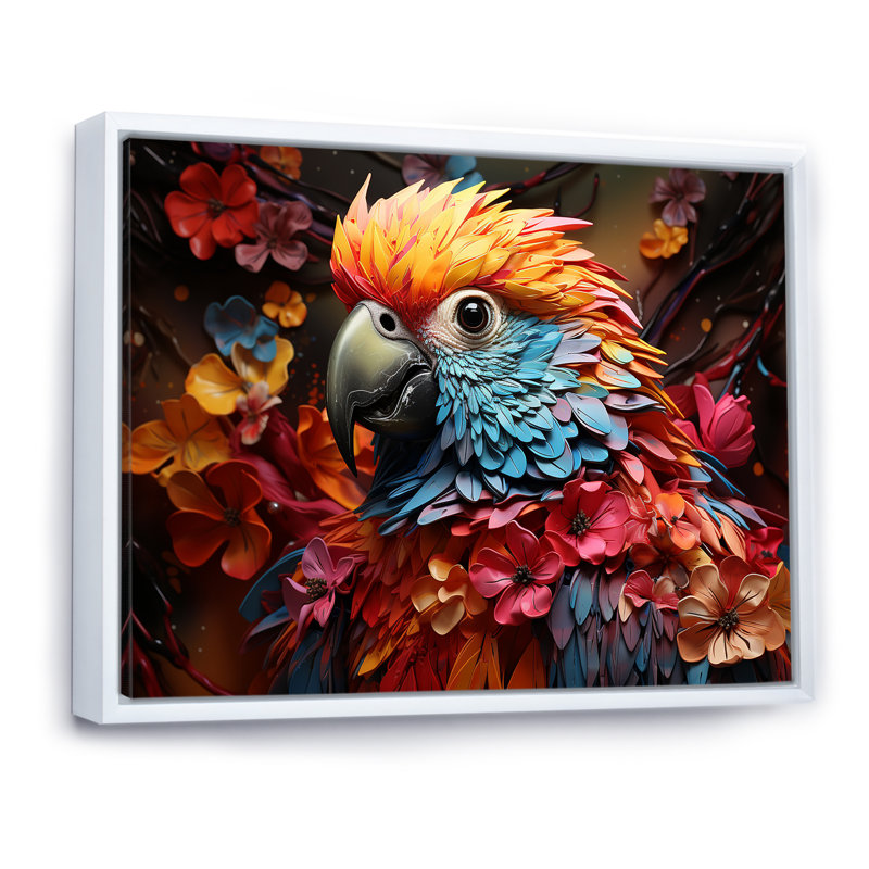Perroquets tropicaux Rhapsody - perroquet, art mural sur toile, Cadre flottant blanc, H 16 po x l 32 po x P 1 po