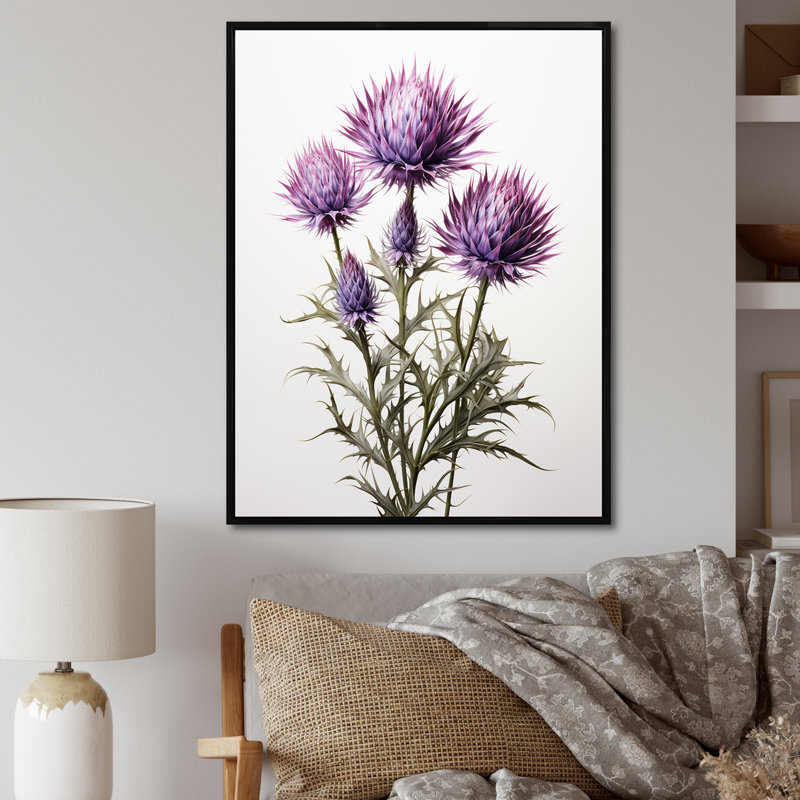 Rustique mauve et Whitethistle - chardon, art mural, Cadre flottant noir, H 40 po x l 30 po x P 1,5 po