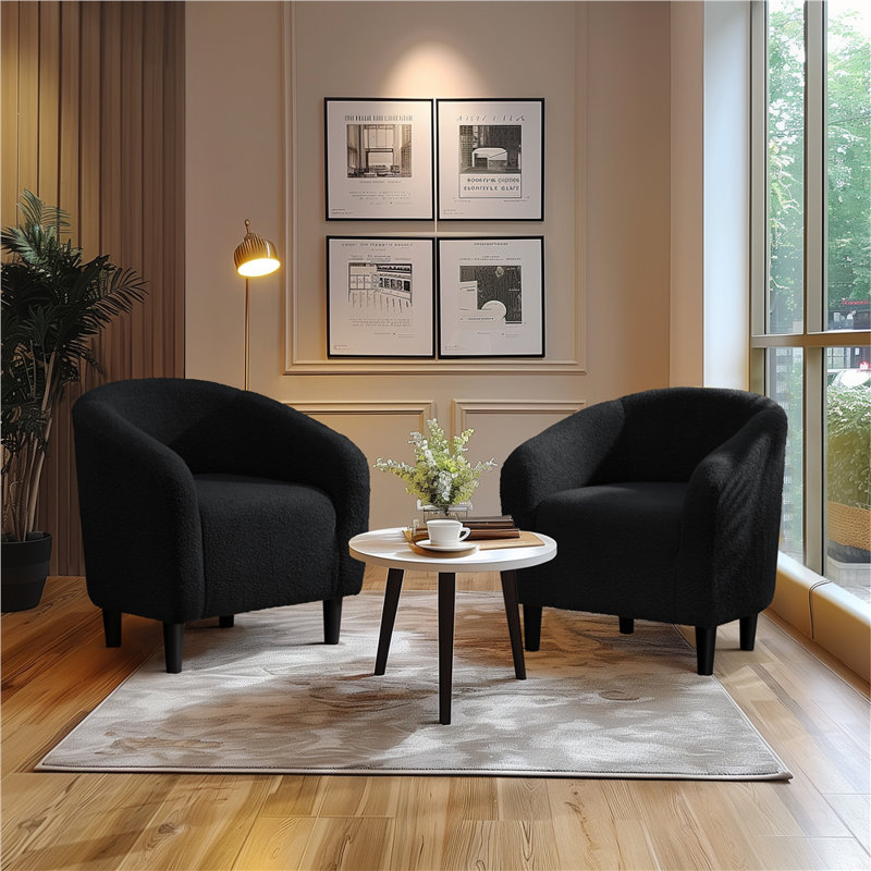 27”Wide Upholstered Solid Wood Barrel Accent Club Chair, Black Polyester Blend