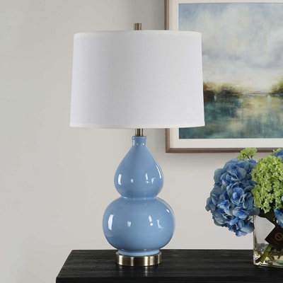  Decorative Ceramic Table Lamp Powder Blue Glaze With Antique Brass Accents 26" H
