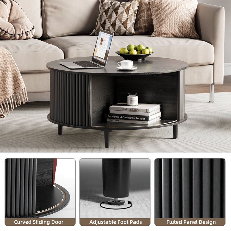 Mid Century Modern Round Coffee Table With Storage, Black