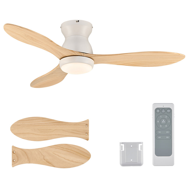 42" Flush Mount Low Profile Small Room Solid Wood Ceiling Fan with LED Light and Remote, Light Yellow Wood