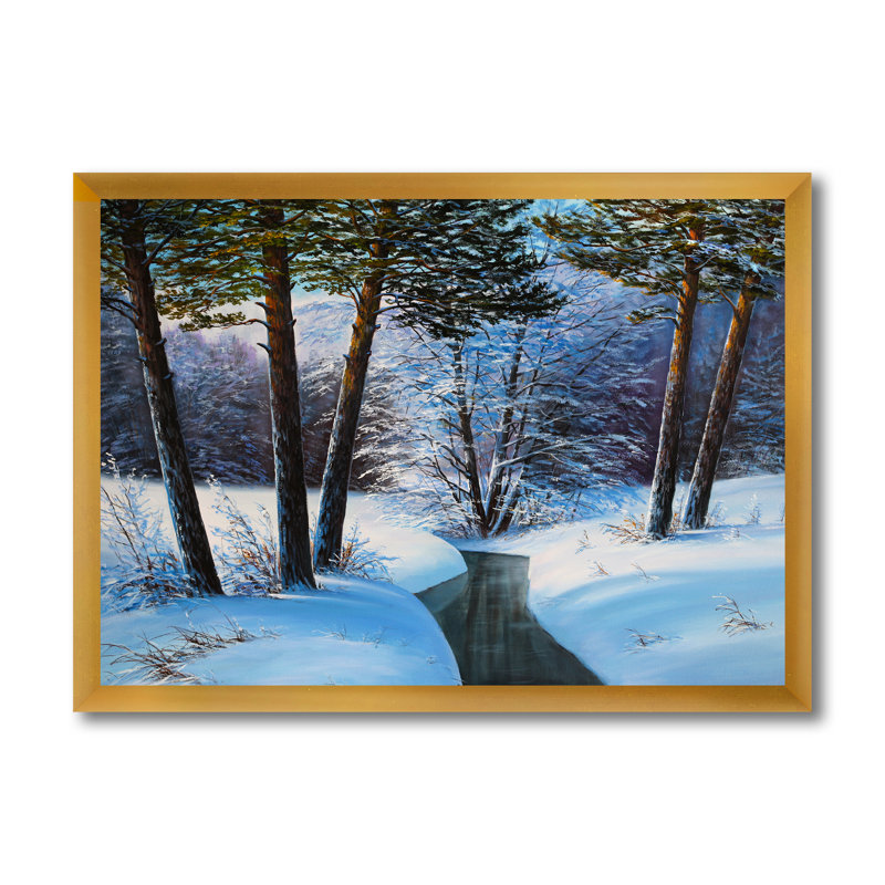 Forêt de Noël avec rivière et arbres III - peinture sur toile, H 24 po x l 32 po x P 1 po, Cadre doré