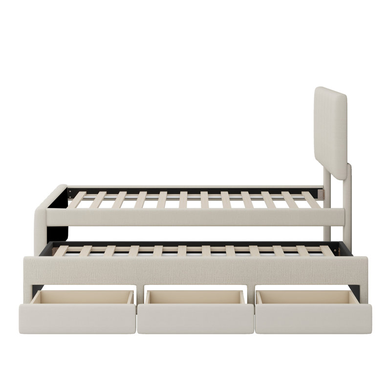 Lit simple avec lit gigogne escamotable et 3 tiroirs de rangement en dessous, lit plateforme simple tapissier en lin, Beige