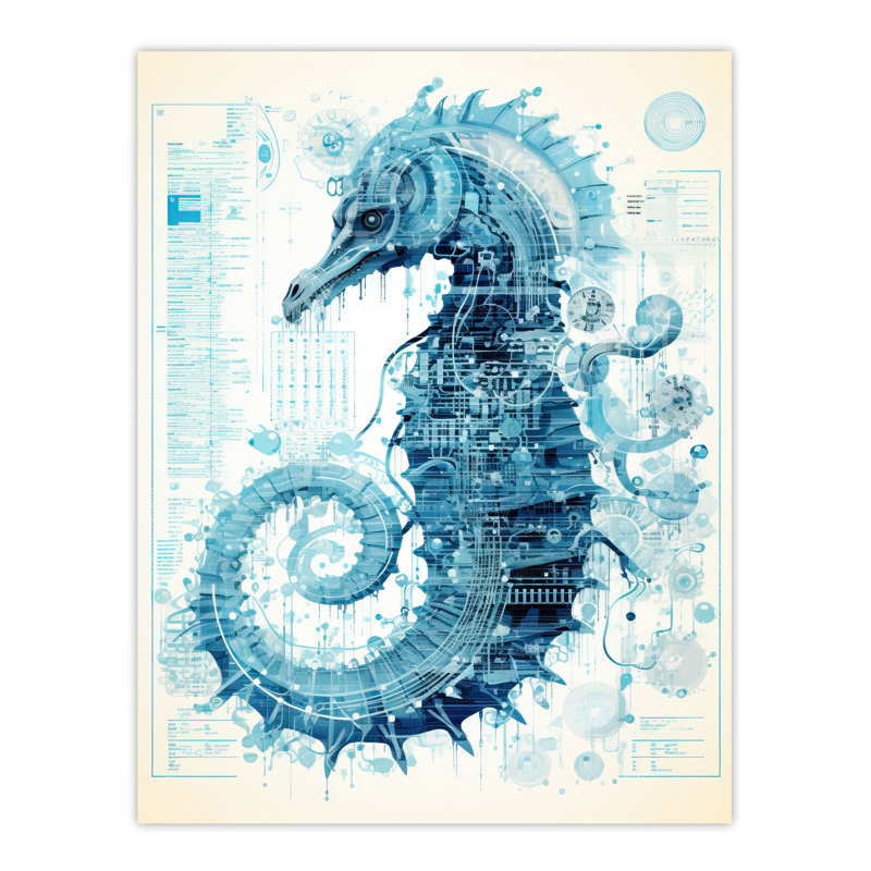 Wall Art Print Seahorse Robot Hybrid Schematic Futuristic Secret Complex Arcane Manuscript Gift For Cave Poster