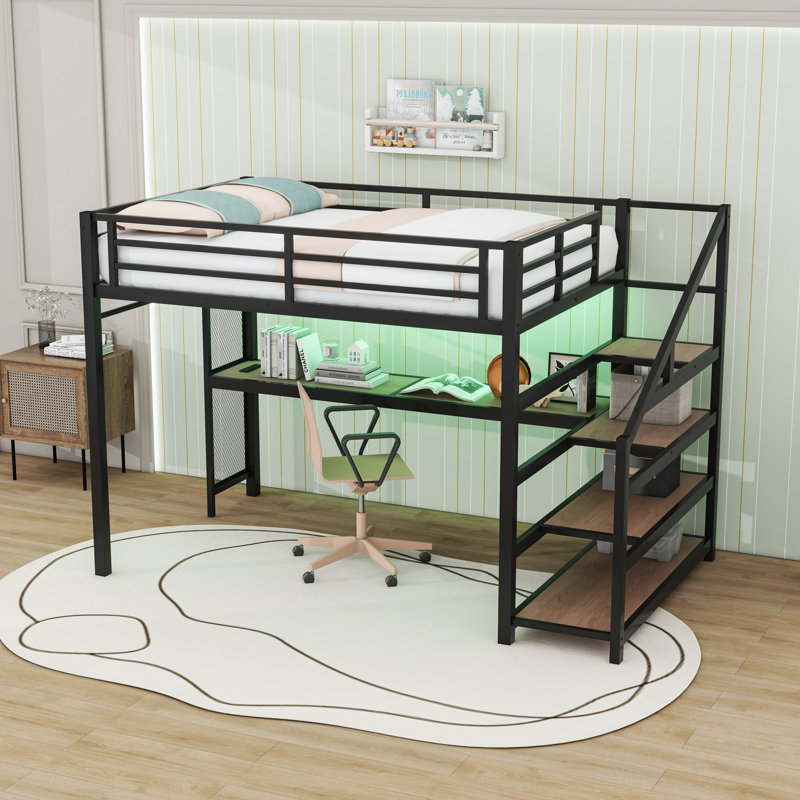 Metal Loft Bed With Desk, Storage Staircase, LED Lighting And Charing Station, Full