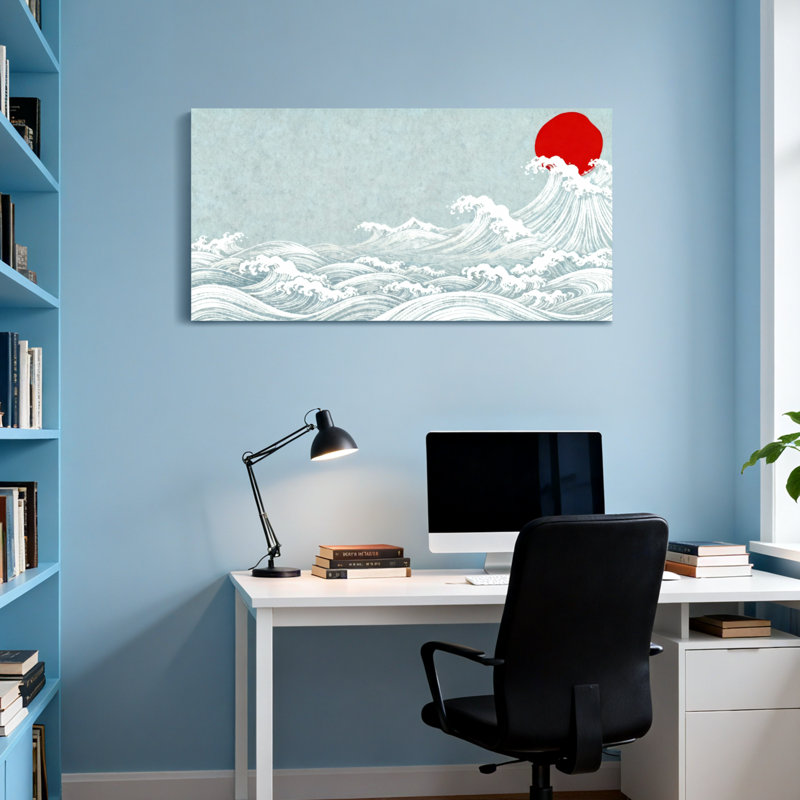 Motif de vagues nautiques et de plage avec soleil rouge et ciel bleu, H 24 po x l 48 po