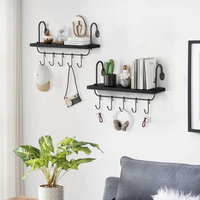 Floating Wall Shelves With Adjustable Hooks For Kitchen, Bathroom, Or Coffee Nook - Rustic Storage Shelf Set Of 2 - Durable Pine Wood With Matte Black Metal Brackets