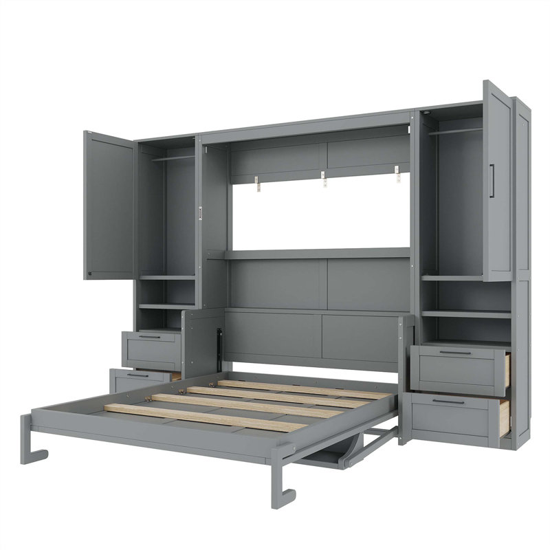 Grand lit escamotable Sereno avec garde-robe, tiroirs et tablette supérieure, lit escamotable avec armoire rabattable, Gris