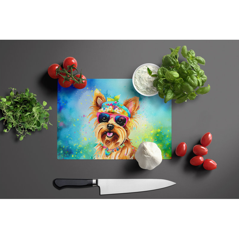 Yorkshire Terrier Hippie Dawg Glass Cutting Board Large