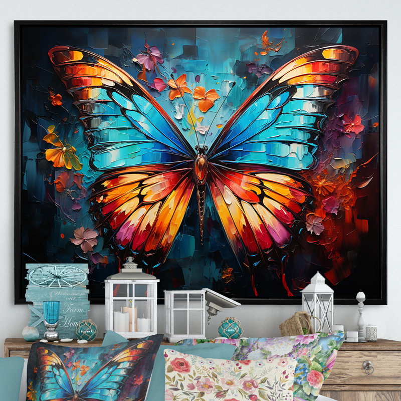 «Intense Hues Celebrate The Butterflies I», reproduction d'art sur toile, Cadre flottant noir, 34" H x 44" W