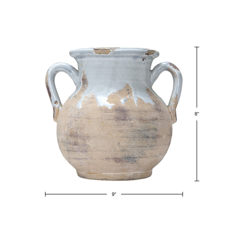 Partially Glazed Ceramic Pot with Handles