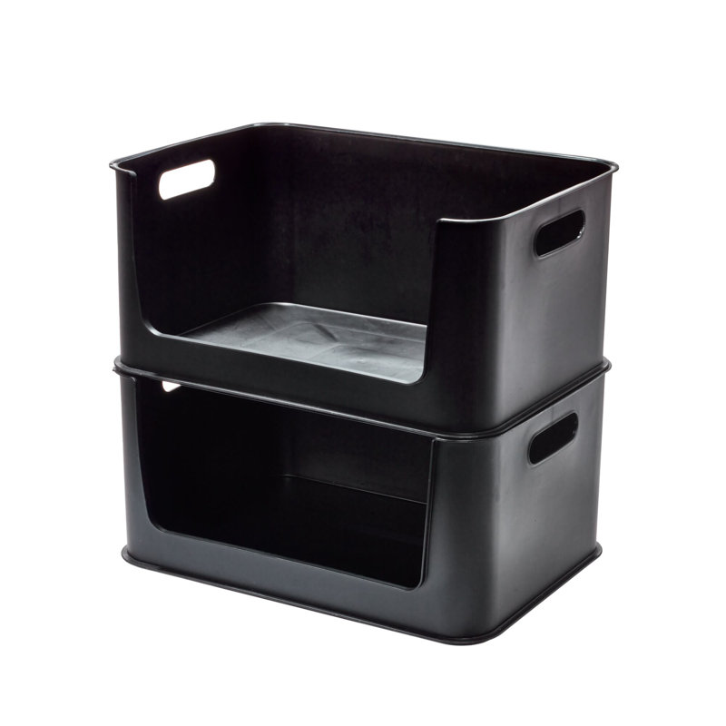 iDesign Plastic Large Open Front Garage Storage Eco Bin with Handles, Set of 2 , Matte Black