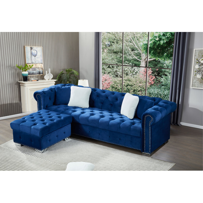 Canapé-lit modulaire en forme de L avec accoudoirs avec repose-pieds Asher, Velours bleu