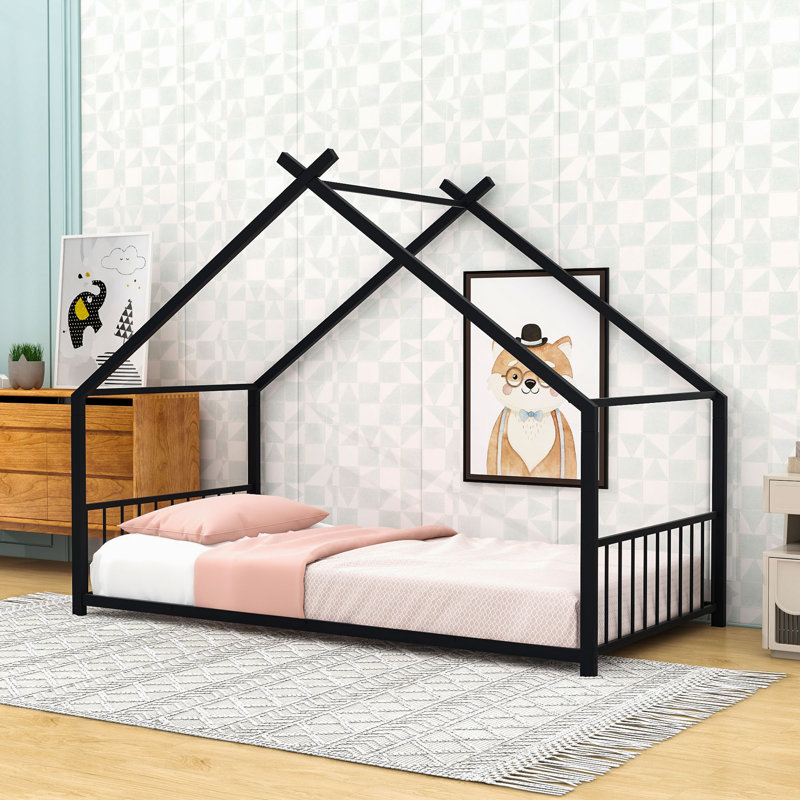 Charming House-Inspired Metal House Bed With Slats, Twin, Black