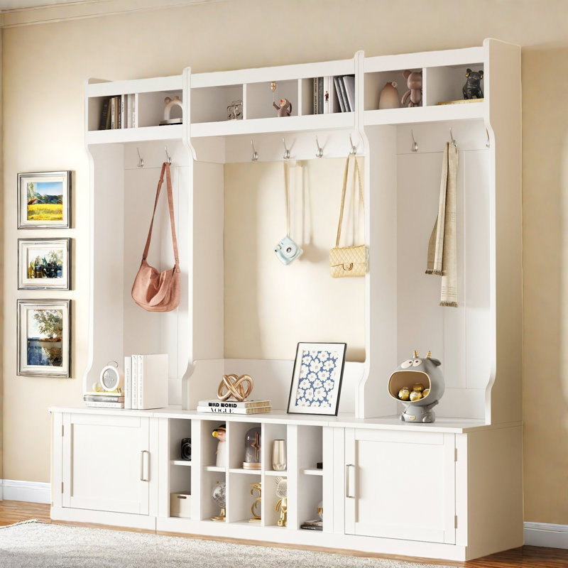 4-in-1 Multi-functional Hall Tree With Coat Rack, Bench, Shoe Cubbies And Open Compartments, White