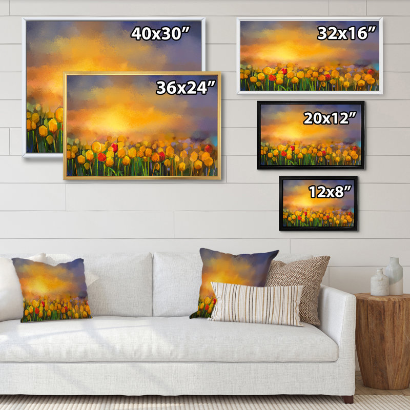 «Yellow Tulips Field On Mystic Sunrise», reproduction sur toile flottante, H 8 po x l 12 po x P 1 po, Cadre flottant brun