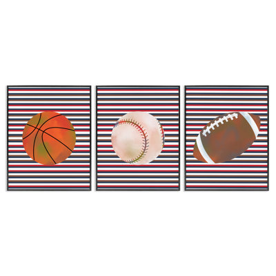 Ensemble de 3 giclées encadrées à rayures et balles de sport, design par Marcus Prime