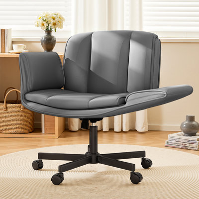 Criss Cross Chair with Wheels & Armrests,Comfy Wide Vanity Chair,Scratch-Resistant Pu Leather Cross Legged Desk Chair,Height Adjustable Computer Offic by Inbox Zero