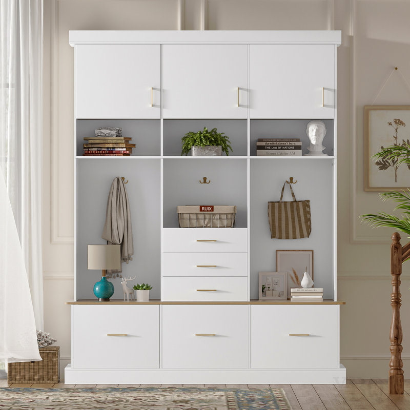 Entryway Hall Tree with Bench and Storage, 5-in-1 Modern Hall Tree with Coat Rack, 6 Drawers, 3 Cabinets and 3-Tier Top Storage for Hallway, Entryway, Living Room, Mudroom