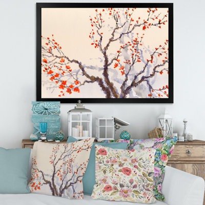 «Red Flowers and Buds on the Spring Blossoming Tree», peinture sur toile encadrée