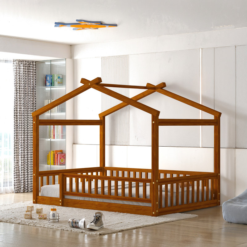 Cadre de lit en bois avec clôture, Double, Noyer
