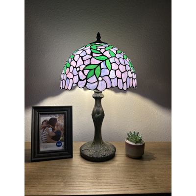 Veale Tiffany Table Lamp Purple Stained Glass Green Leaves LED Bulb Included 19" H*12" W